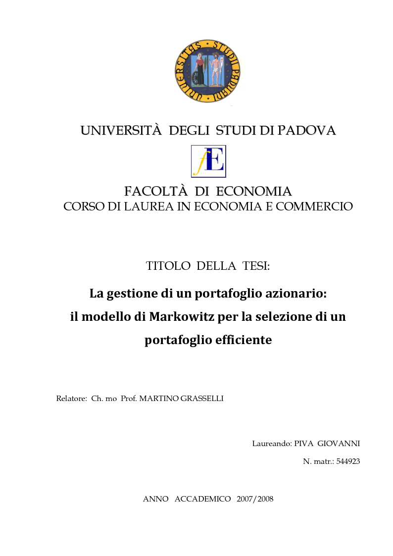 Anteprima della tesi: La gestione di un portafoglio azionario: il modello di Markowitz per la selezione di un portafoglio efficiente, Pagina 1