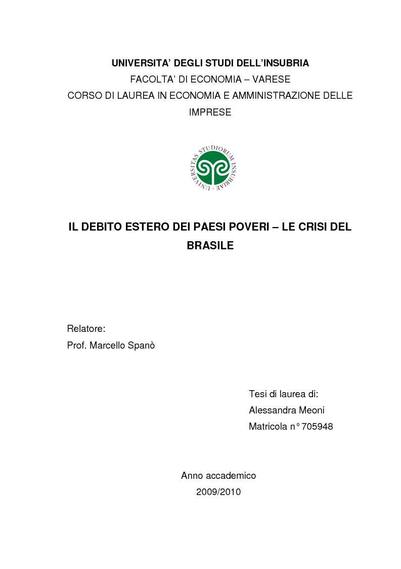Anteprima della tesi: Il debito estero dei paesi poveri - le crisi del Brasile, Pagina 1