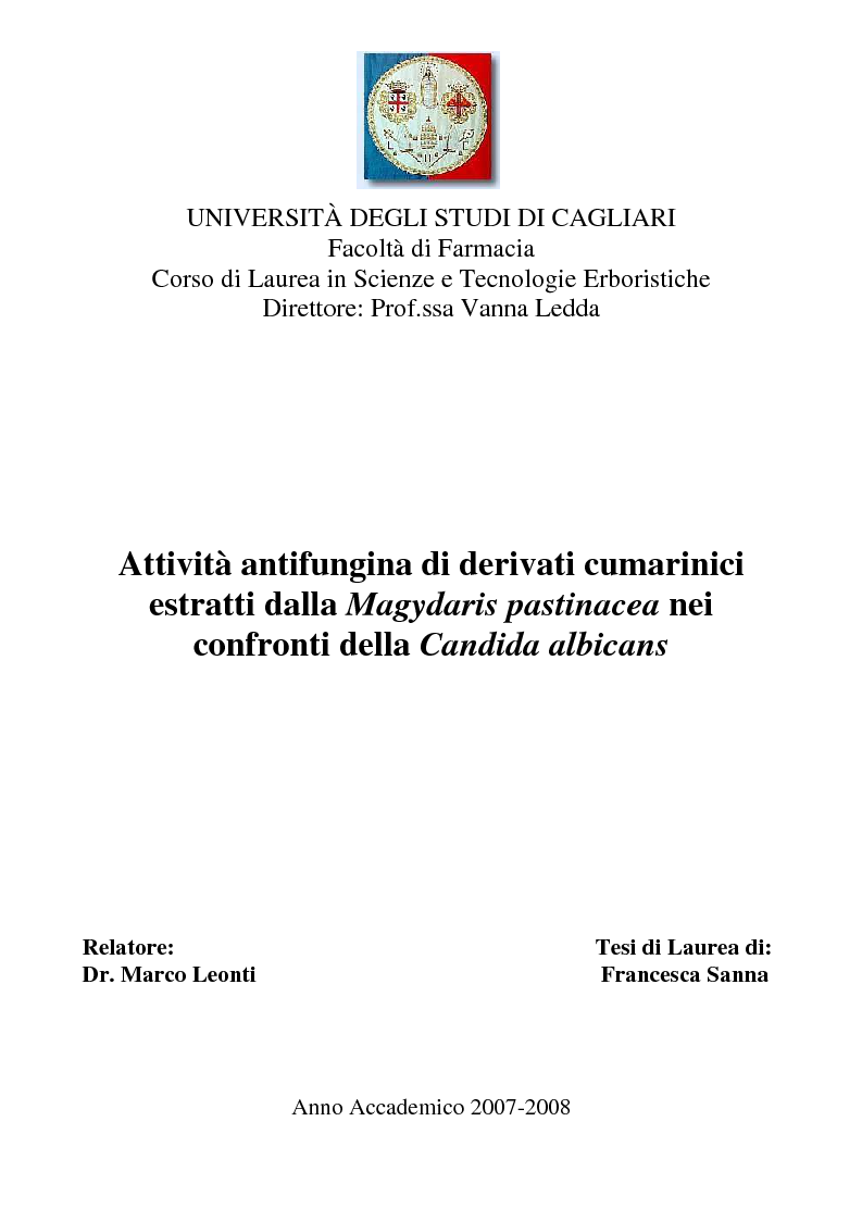 Anteprima della tesi: Attività antifungina di derivati cumarinici estratti da Magydaris pastinacea nei confronti di Candida albicans, Pagina 1