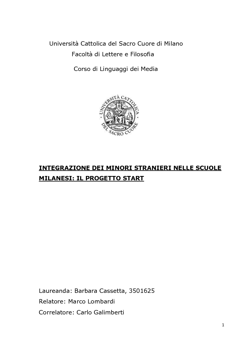 Anteprima della tesi: Integrazione dei minori stranieri nelle scuole milanesi: il progetto Start, Pagina 1