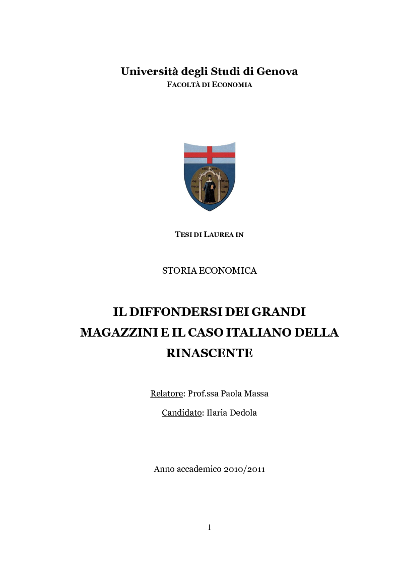 Anteprima della tesi: Il diffondersi dei grandi magazzini e il caso italiano della Rinascente, Pagina 1