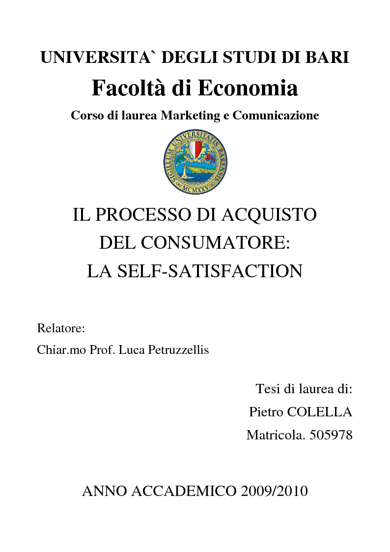 Anteprima della tesi: Il processo di acquisto del consumatore: la self-satisfaction, Pagina 1
