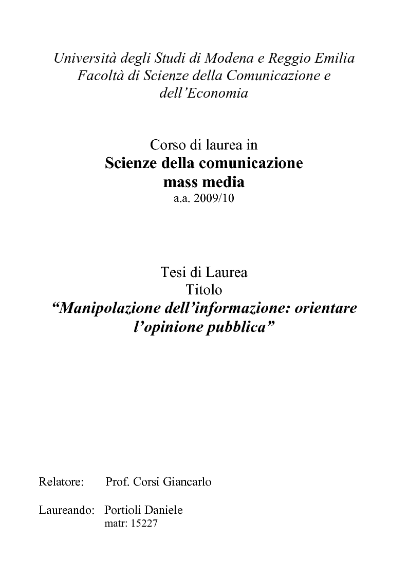 Anteprima della tesi: Manipolazione dell'informazione: orientare l'opinione pubblica, Pagina 1