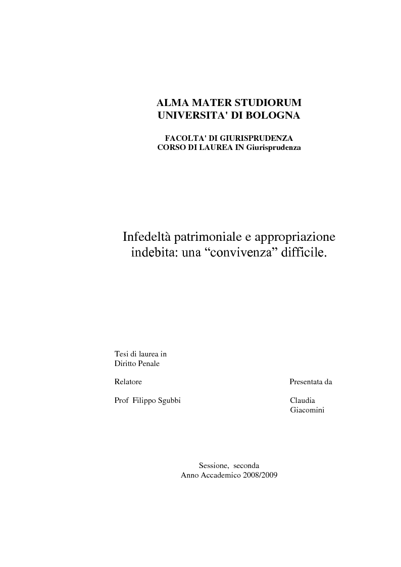 Anteprima della tesi: Infedeltà patrimoniale e appropriazione indebita: una "convivenza" difficile., Pagina 1