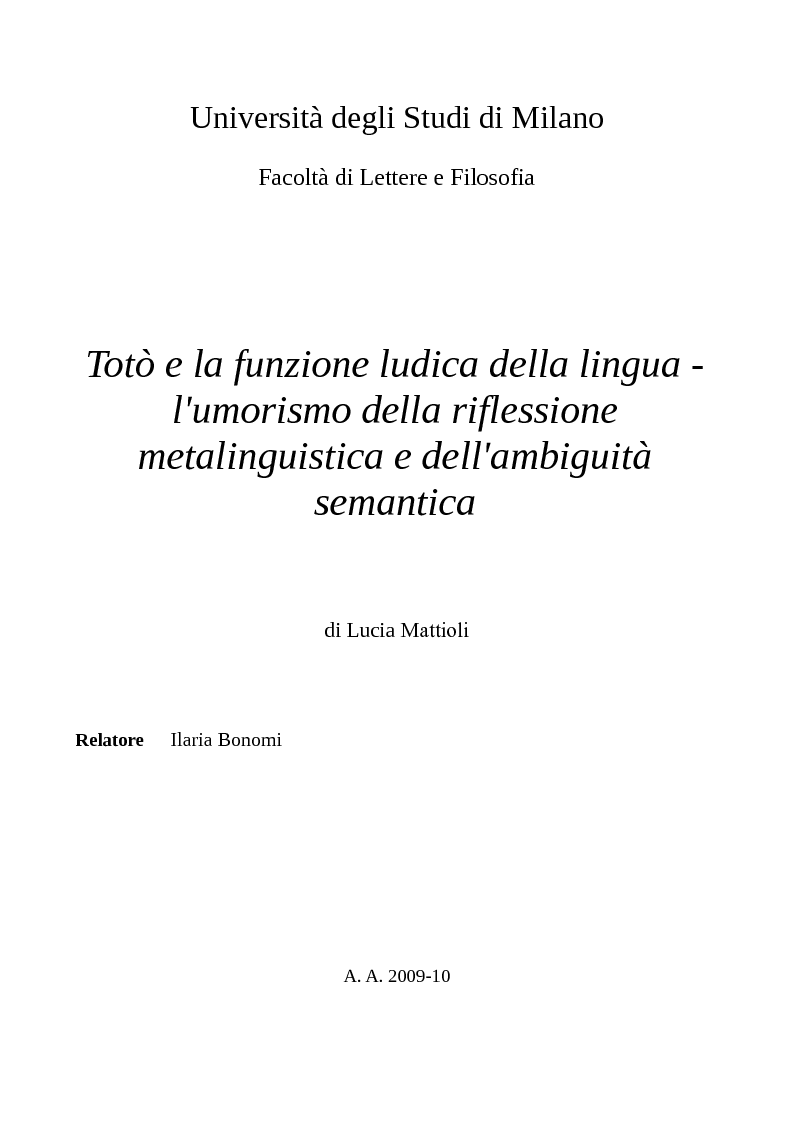 Anteprima della tesi: Totò e la funzione ludica della lingua - l'umorismo della riflessione metalinguistica e dell'ambiguità semantica, Pagina 1