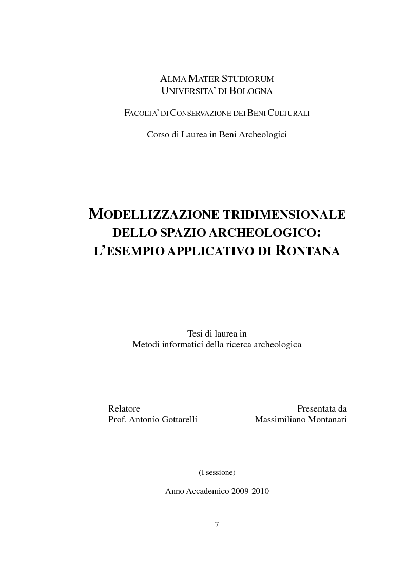 Anteprima della tesi: Modellizzazione tridimensionale dello spazio archeologico: l'esempio applicativo di Rontana, Pagina 1