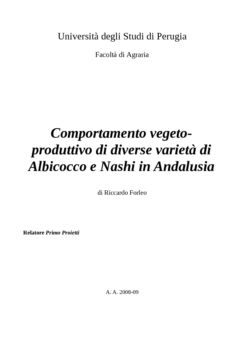 Anteprima della tesi: Comportamento vegeto-produttivo di diverse varietà di albicocco e nashi in Andalusia, Pagina 1