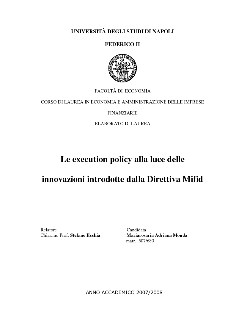 Anteprima della tesi: Le Execution Policy alla luce delle innovazioni introdotte dalla Direttiva Mifid, Pagina 1
