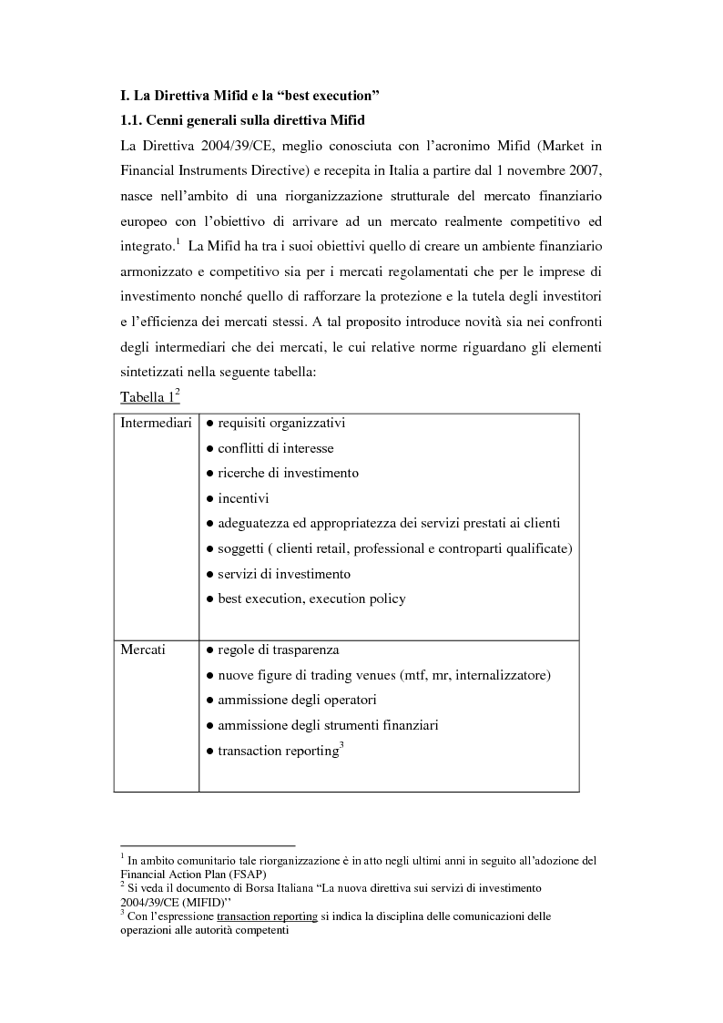 Anteprima della tesi: Le Execution Policy alla luce delle innovazioni introdotte dalla Direttiva Mifid, Pagina 4