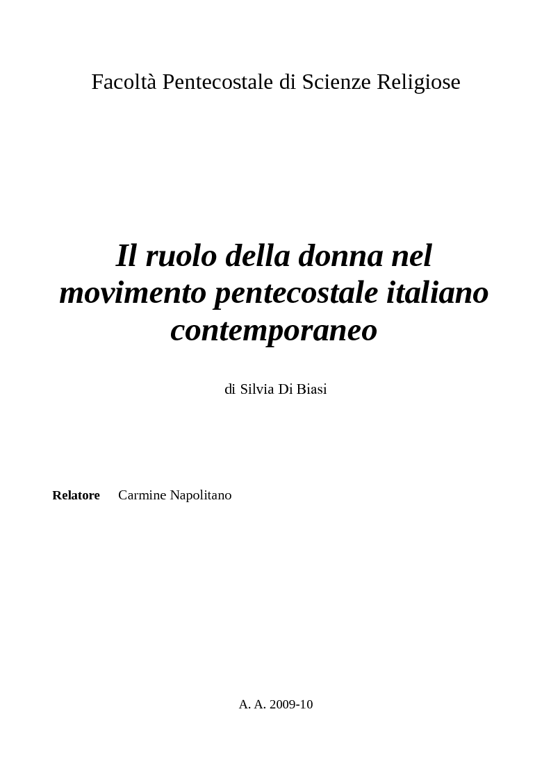 Anteprima della tesi: Il ruolo della donna nel movimento pentecostale italiano contemporaneo, Pagina 1