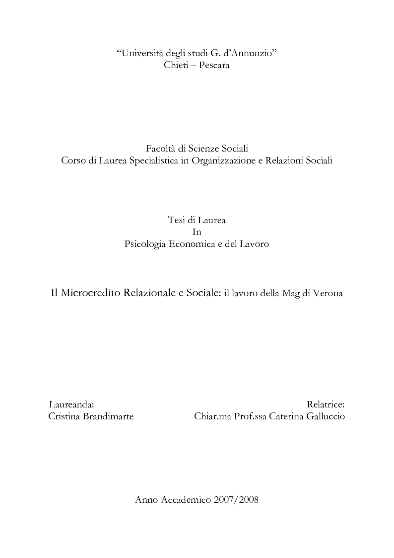 Anteprima della tesi: Il microcredito relazionale e sociale: il lavoro della Mag di Verona, Pagina 1