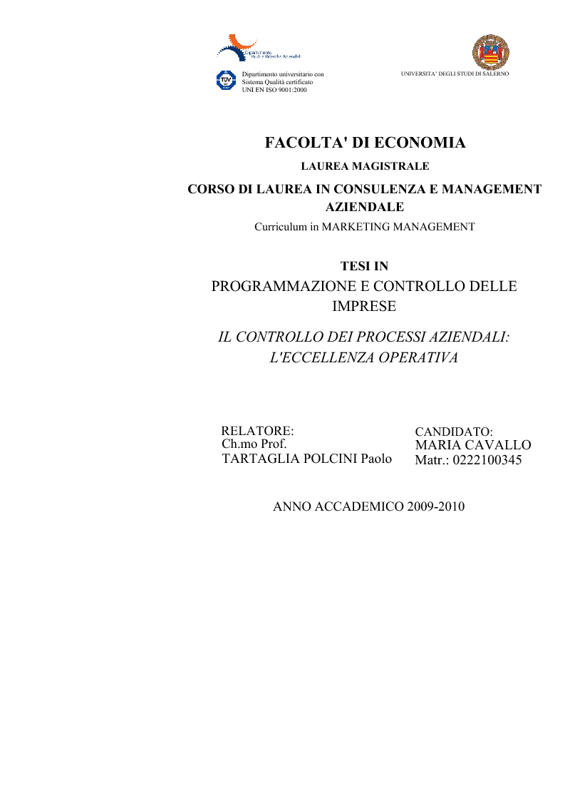 Anteprima della tesi: Il controllo dei processi aziendali: l'eccellenza operativa, Pagina 1