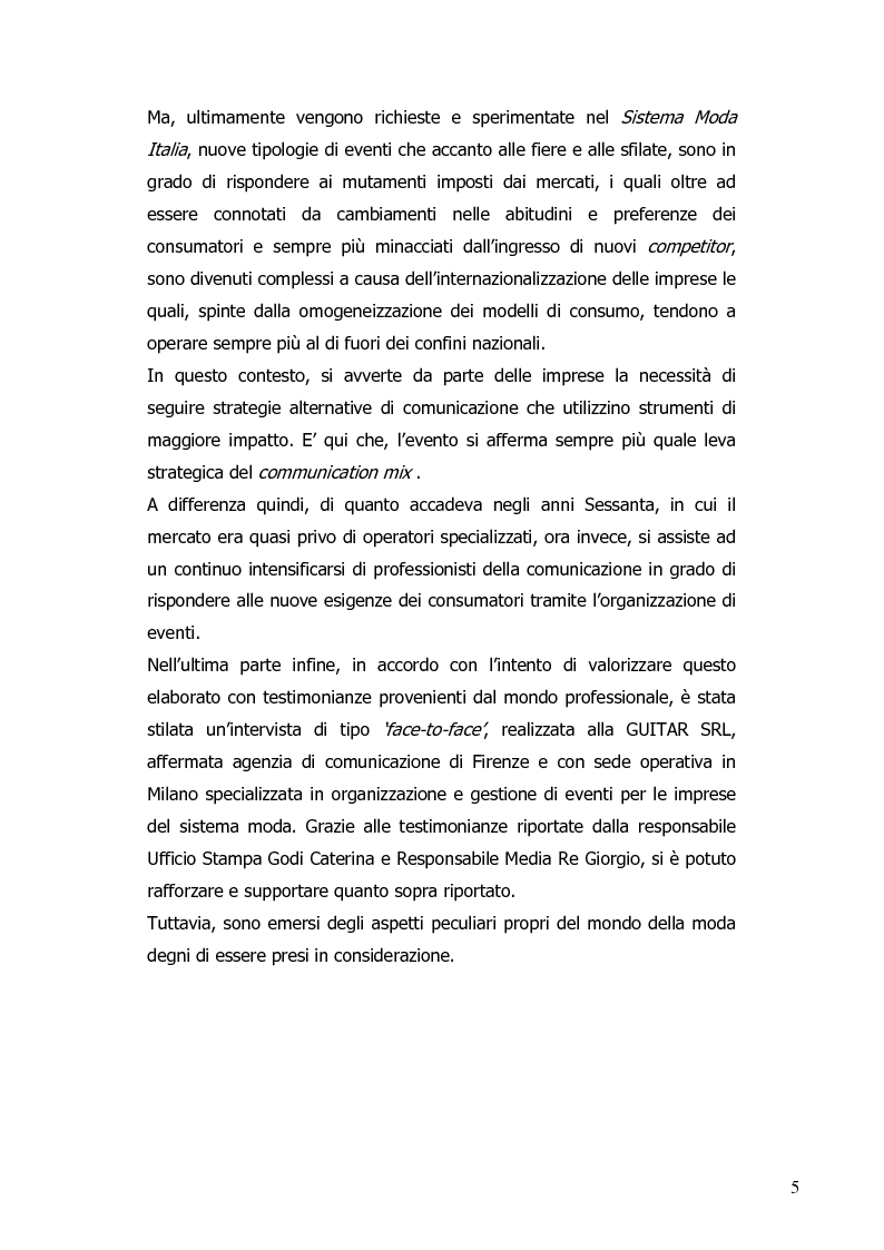 Anteprima della tesi: La progettazione di eventi per le imprese del sistema moda: il ruolo dell'agenzia di comunicazione, Pagina 6