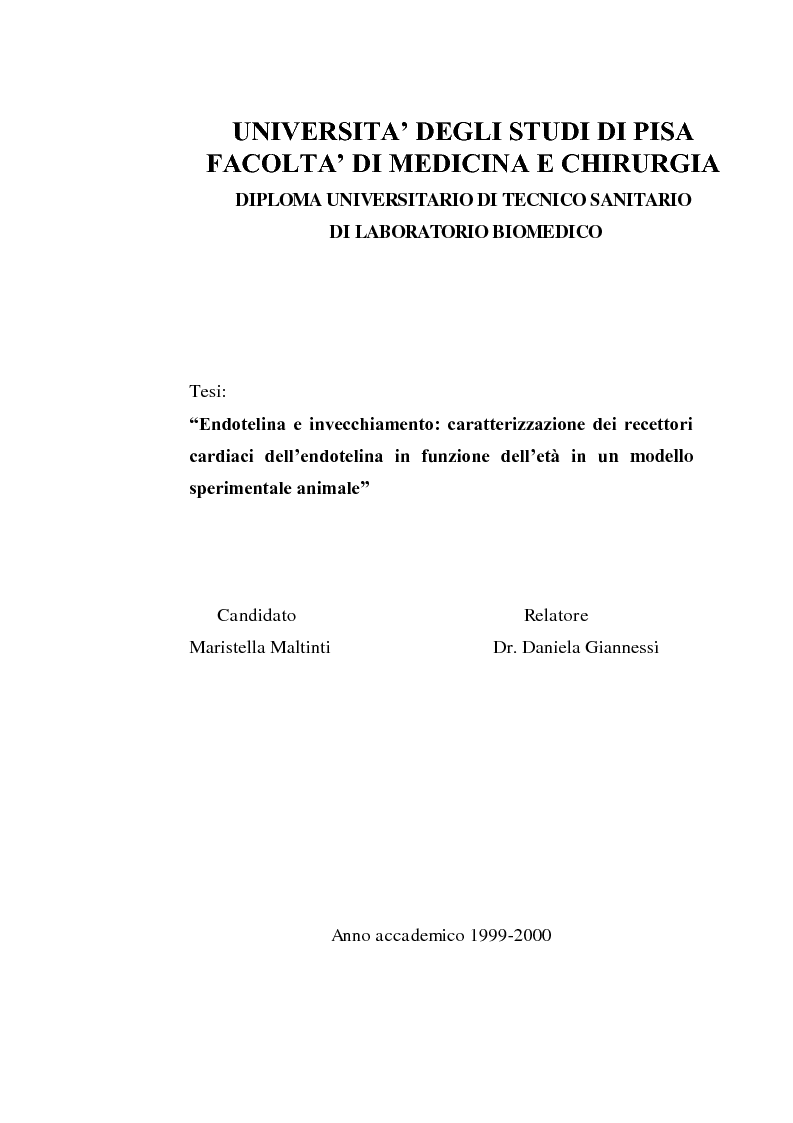 Anteprima della tesi: Endotelina e invecchiamento: caratterizzazione dei recettori cardiaci dell’endotelina in funzione dell’età in un modello sperimentale animale, Pagina 1