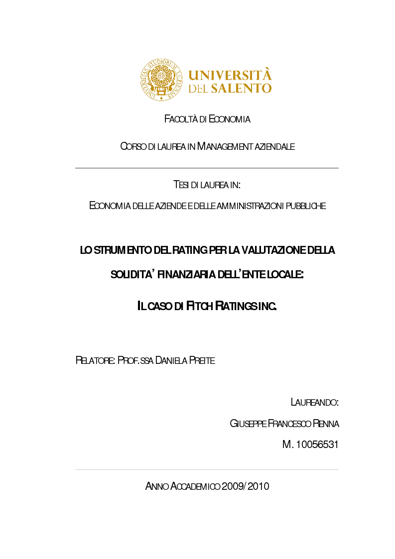 Anteprima della tesi: Lo strumento del rating per la valutazione della solidità finanziaria dell'ente locale: Il caso di Fitch Ratings inc., Pagina 1