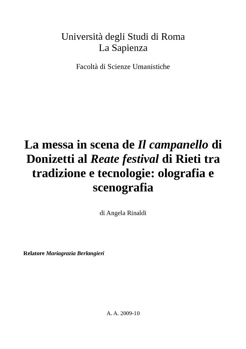 Anteprima della tesi: La messa in scena de ''Il campanello'' di Donizetti al ''Reate Festival'' di Rieti tra tradizione e tecnologie: olografia e scenografia, Pagina 1