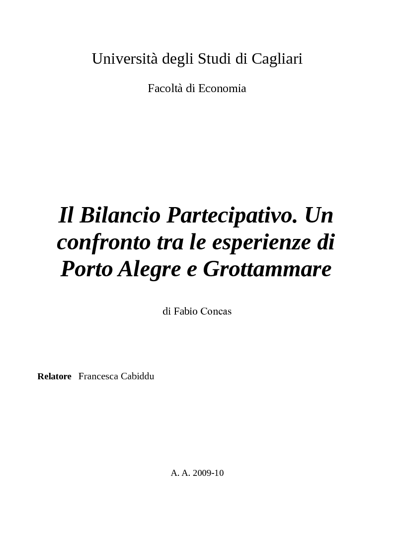 Anteprima della tesi: Il Bilancio Partecipativo. Un confronto tra le esperienze di Porto Alegre e Grottammare, Pagina 1