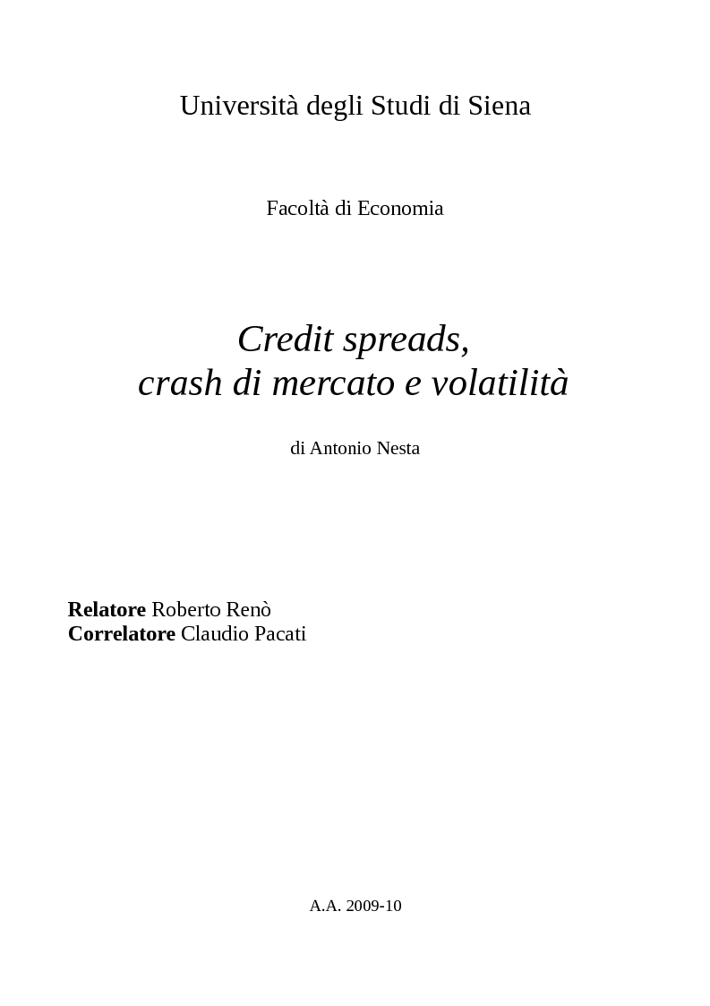 Anteprima della tesi: Credit spreads, crash di mercato e volatilità, Pagina 1