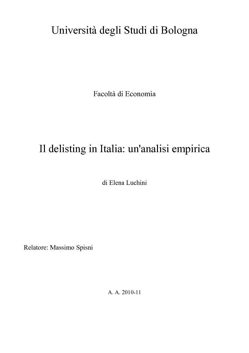 Anteprima della tesi: Il delisting in Italia: un'analisi empirica, Pagina 1