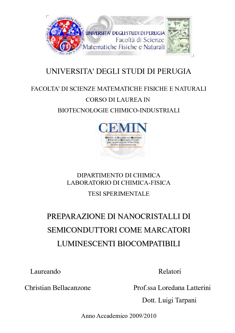 Anteprima della tesi: Preparazione di nanocristalli di semiconduttori come marcatori luminescenti biocompatibili, Pagina 1