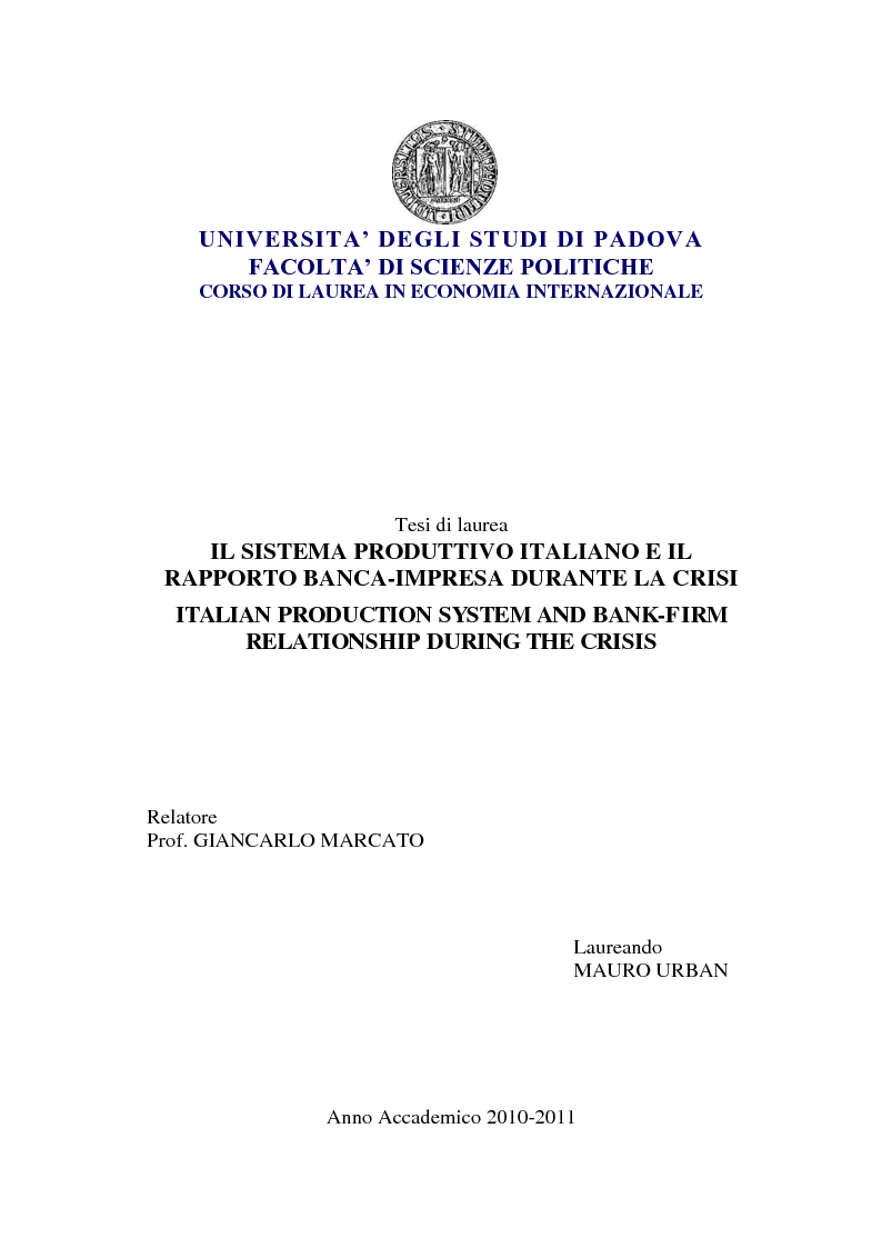Anteprima della tesi: Il sistema produttivo italiano e il rapporto banca-impresa durante la crisi, Pagina 1