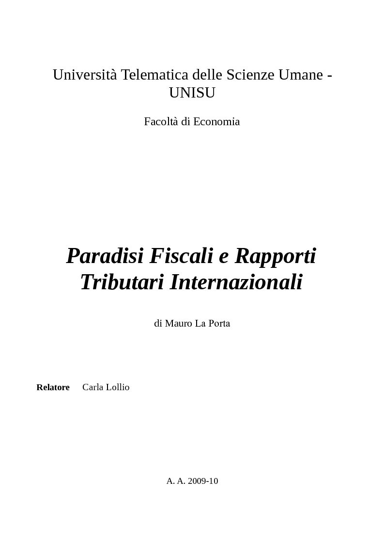 Anteprima della tesi: Paradisi Fiscali e Rapporti Tributari Internazionali, Pagina 1