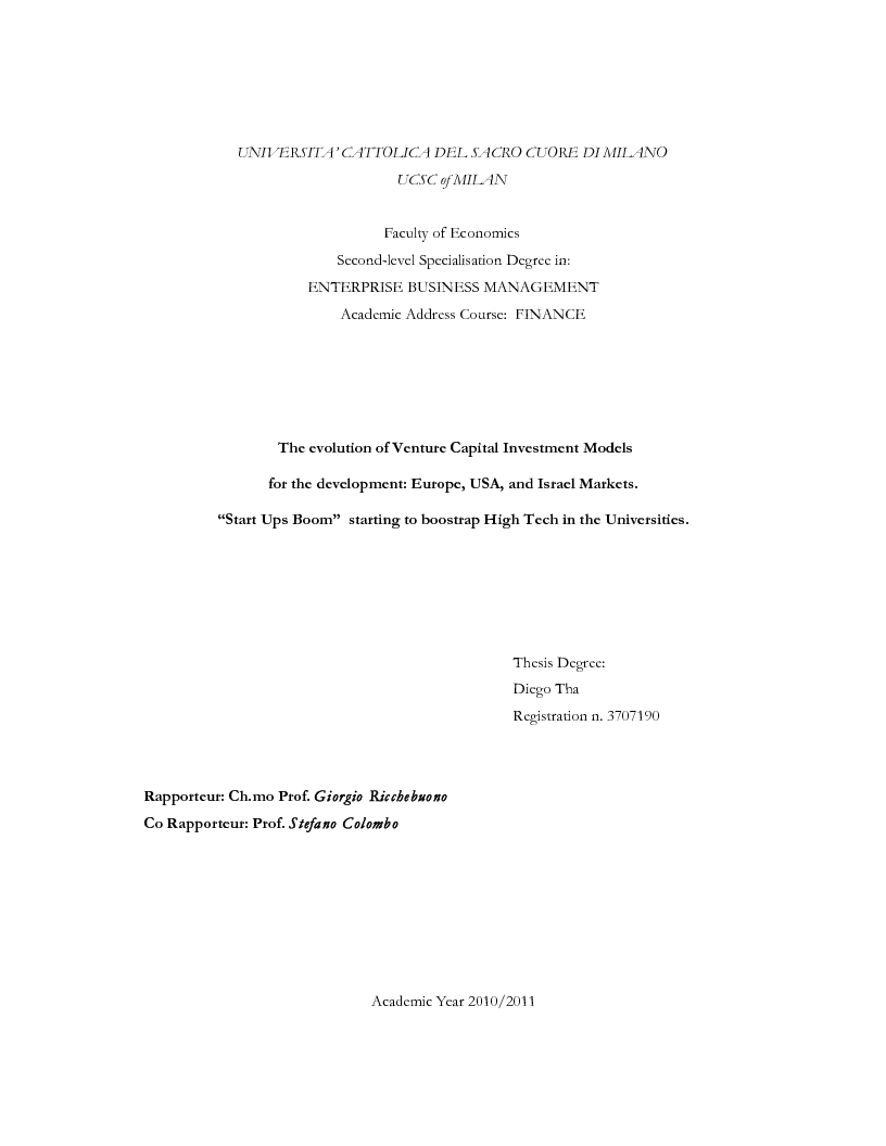 Anteprima della tesi: The evolution of Venture Capital and Private Equity Investment Models for the development: Europe, USA, and Israel Markets. ''Start Ups Boom'' starting to boostrap High Tech in the Universities, Pagina 1