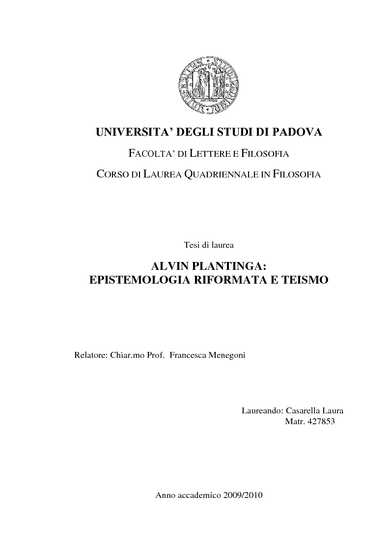 Anteprima della tesi: Alvin Plantinga: Epistemologia Riformata e Teismo, Pagina 1