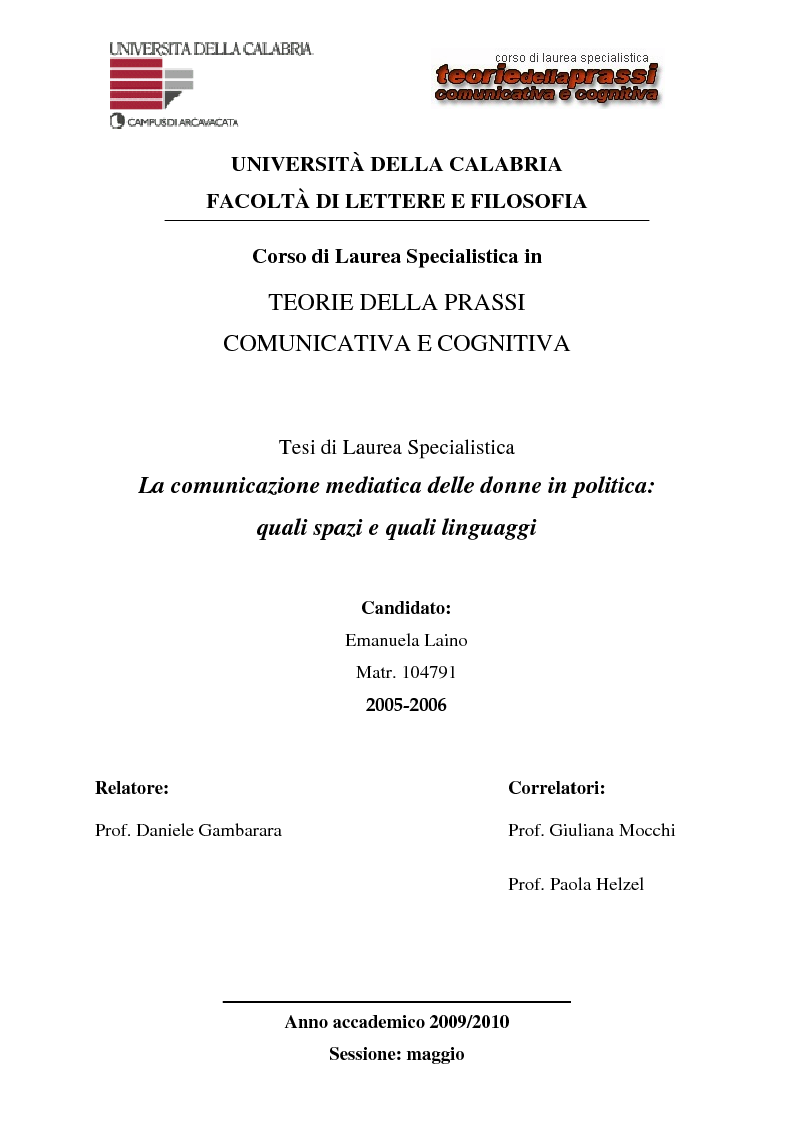 Anteprima della tesi: La comunicazione mediatica delle donne in politica: quali spazi e quali linguaggi, Pagina 1
