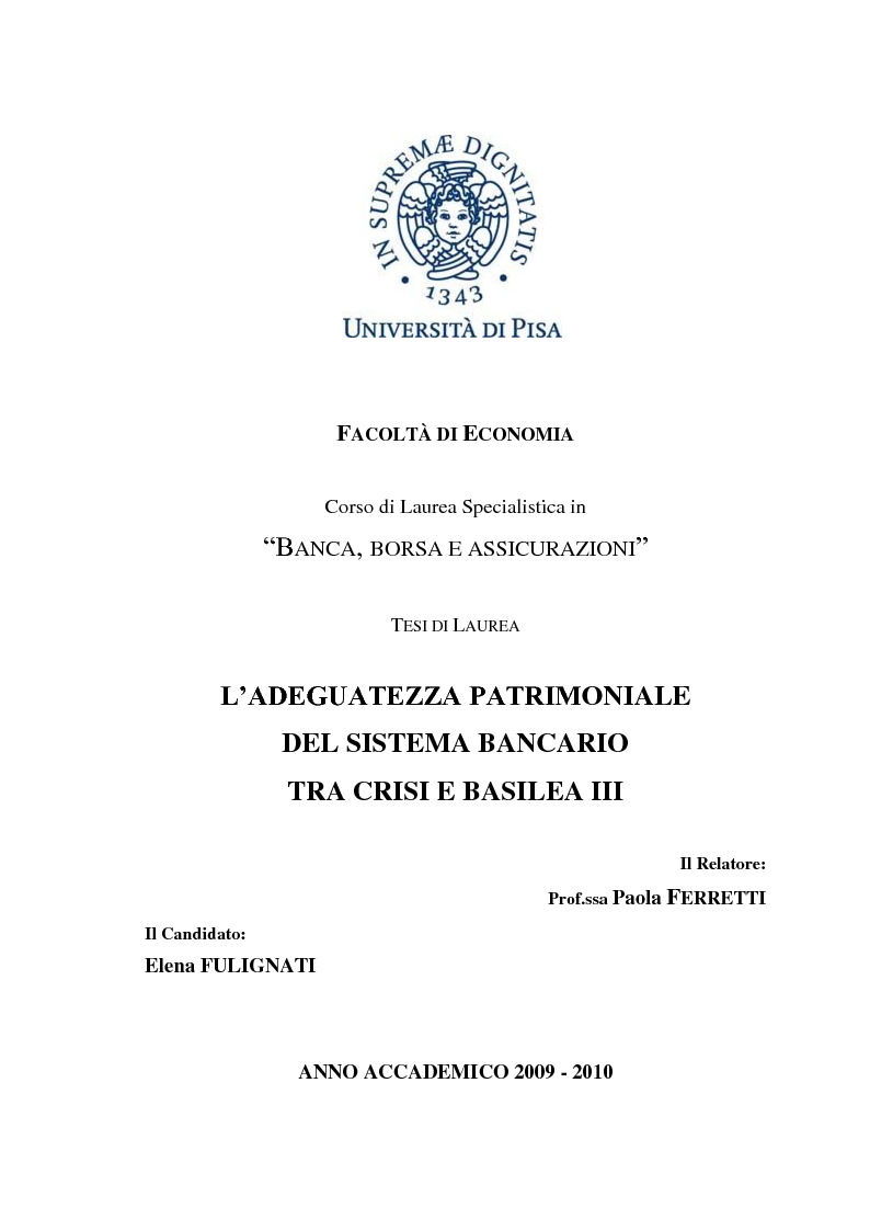 Anteprima della tesi: L’adeguatezza patrimoniale del sistema bancario tra crisi e Basilea 3, Pagina 1