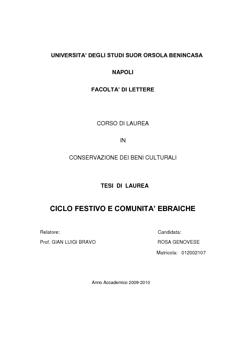Anteprima della tesi: Ciclo festivo e Comunità Ebraiche, Pagina 1