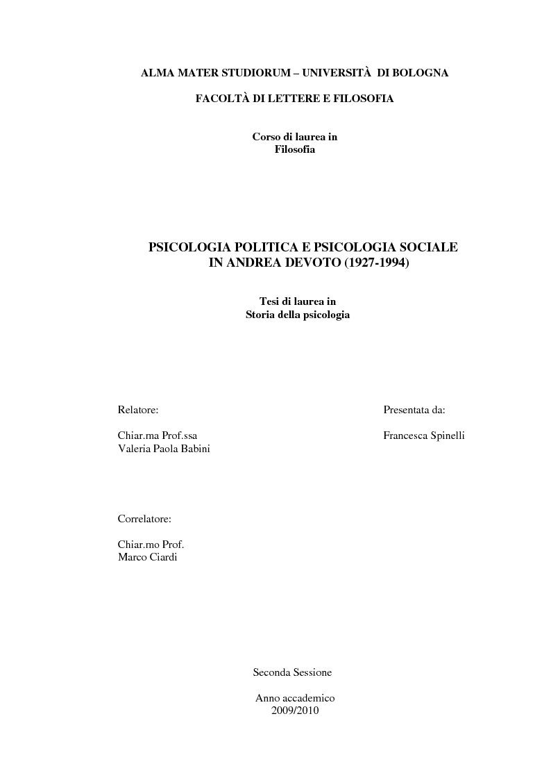 Anteprima della tesi: Psicologia politica e psicologia sociale in Andrea Devoto (1927-1994), Pagina 1