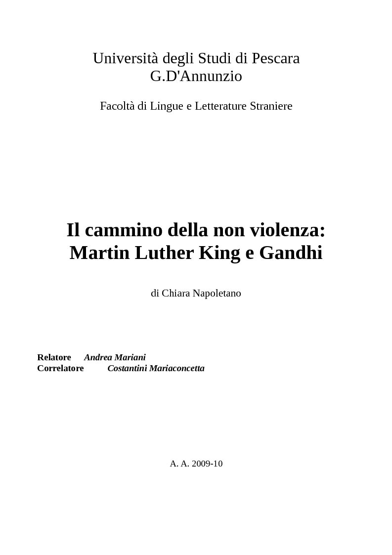 Anteprima della tesi: Il cammino della non violenza: Martin Luther King e Gandhi, Pagina 1