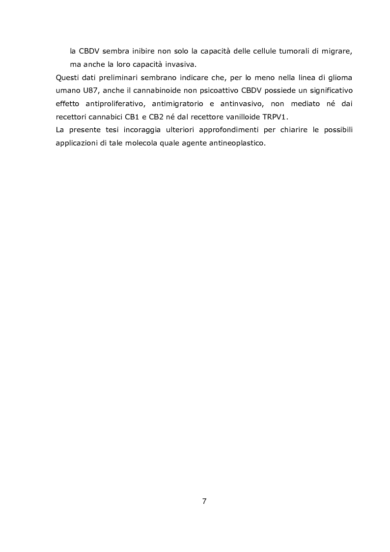Anteprima della tesi: Effetto della Cannabidivarina, componente non psicoattiva della marijuana, sulla proliferazione, migrazione e invasione di una linea di glioma U87, Pagina 4