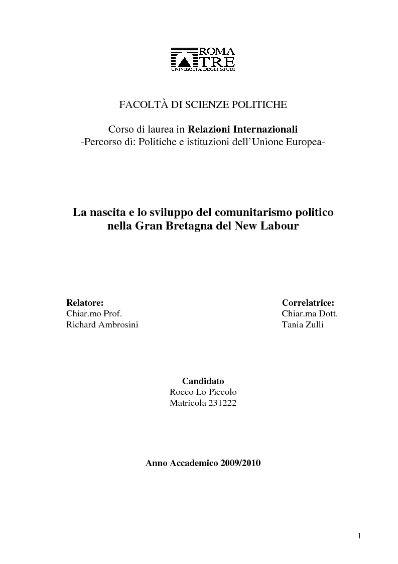 Anteprima della tesi: La nascita e lo sviluppo del comunitarismo politico nella Gran Bretagna del New Labour, Pagina 1