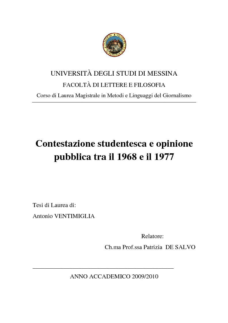 Anteprima della tesi: Contestazione studentesca e opinione pubblica tra il 1968 e il 1977, Pagina 1