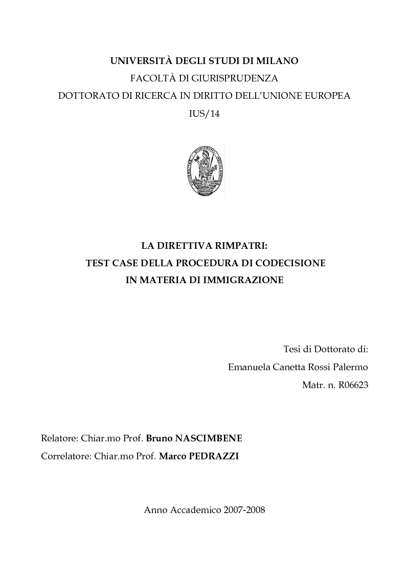 Anteprima della tesi: La Direttiva Rimpatri: Test case della procedura di codecisione in materia di immigrazione, Pagina 1