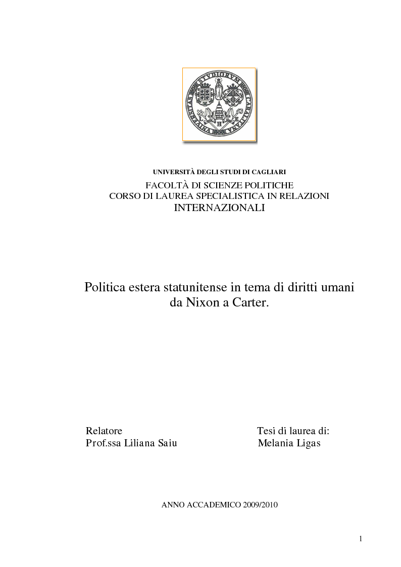 Anteprima della tesi: Politica estera degli Stati Uniti in tema di diritti umani da Nixon a Carter, Pagina 1