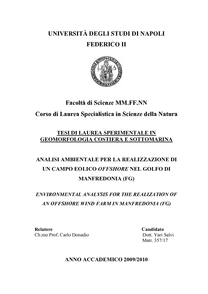 Anteprima della tesi: Analisi ambientale per la realizzazione di un campo eolico offshore nel Golfo di Manfredonia (FG), Pagina 1