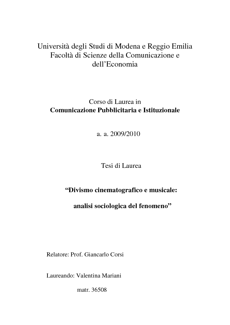 Anteprima della tesi: Divismo cinematografico e musicale: analisi sociologica del fenomeno, Pagina 1