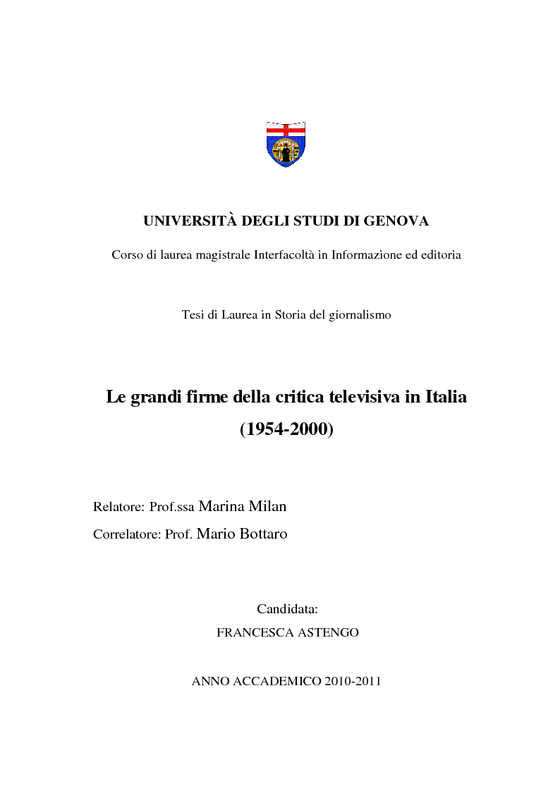 Anteprima della tesi: Le grandi firme della critica televisiva in Italia 1954-2000, Pagina 1