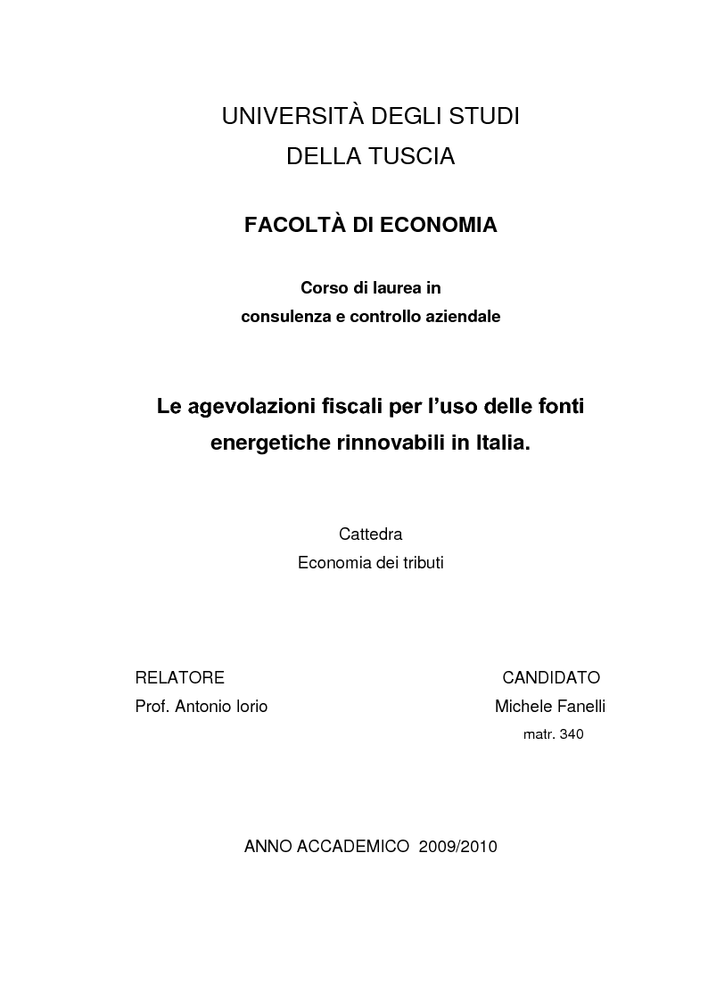 Anteprima della tesi: Le agevolazioni fiscali per l'utilizzo delle fonti energetiche rinnovabili in Italia., Pagina 1