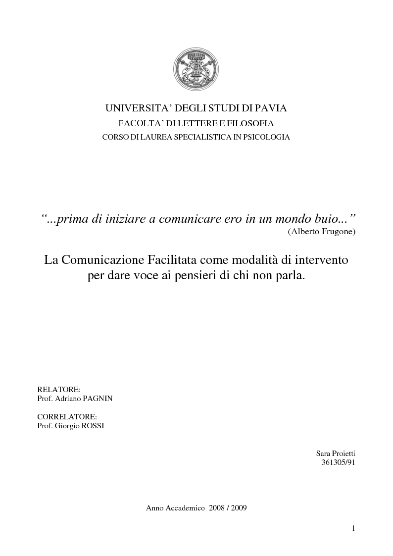 Anteprima della tesi: La Comunicazione Facilitata come modalità di intervento per dare voce ai pensieri di chi non parla., Pagina 1