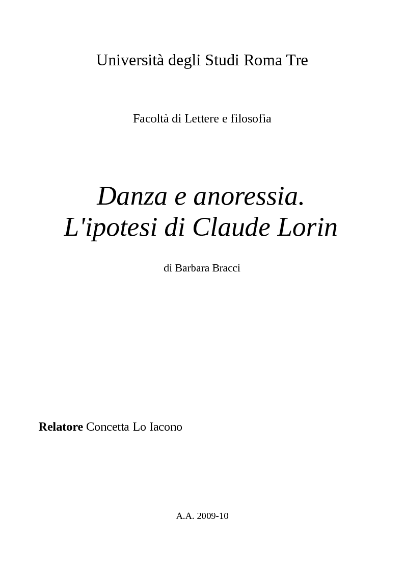 Anteprima della tesi: Danza e anoressia. L'ipotesi di Claude Lorin., Pagina 1