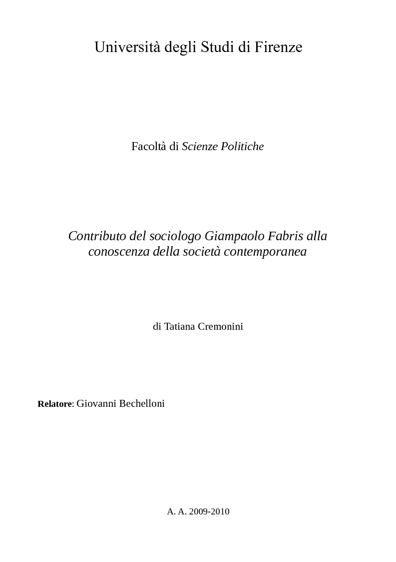 Anteprima della tesi: Contributo del sociologo Giampaolo Fabris alla conoscenza della società contemporanea, Pagina 1