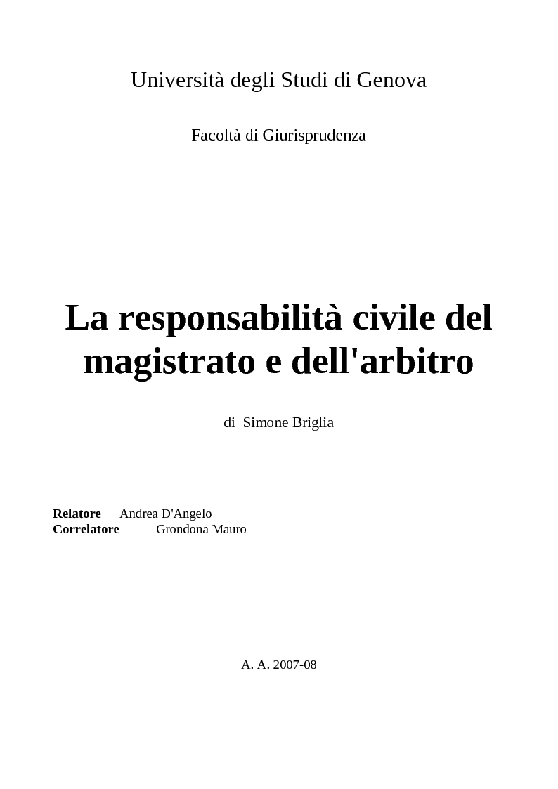 Anteprima della tesi: La responsabilità civile del magistrato e dell'arbitro, Pagina 1