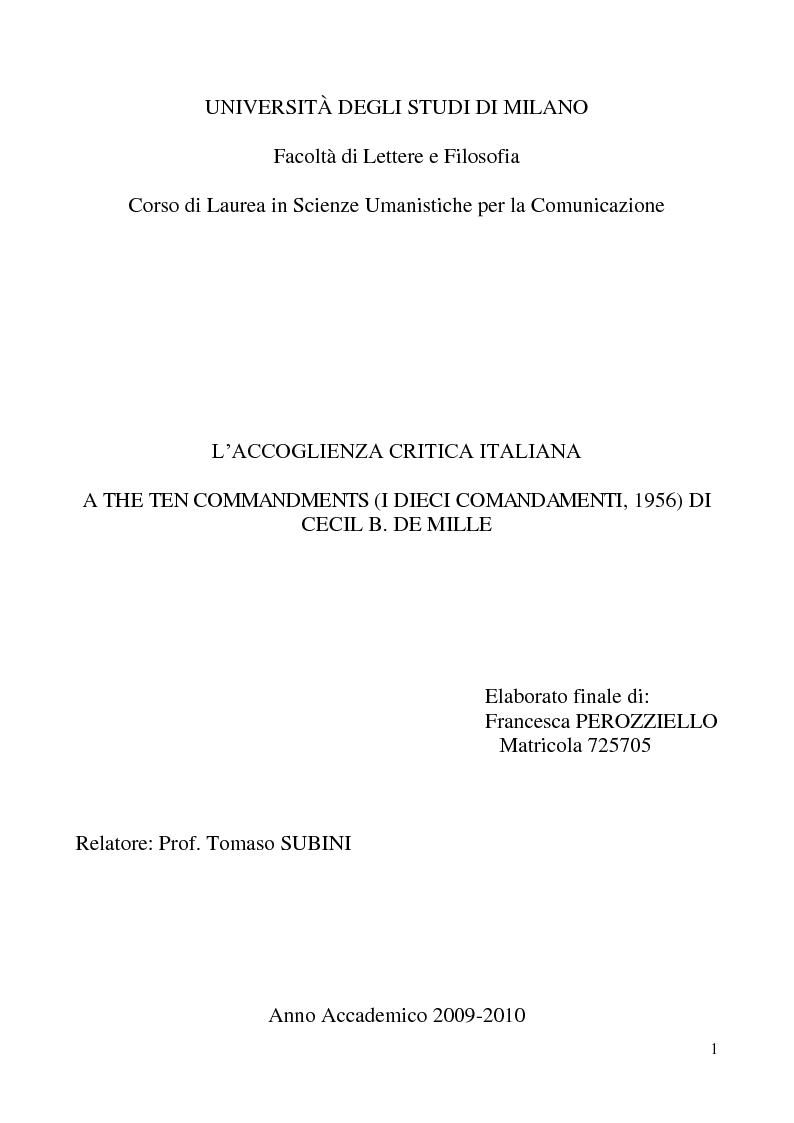 Anteprima della tesi: L'accoglienza critica italiana a "The Ten Commandments" (I dieci comandamenti, 1956) di Cecil B. De Mille, Pagina 1