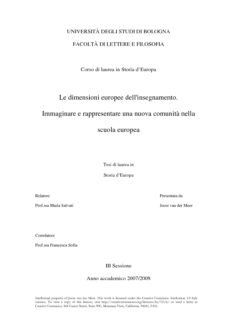Anteprima della tesi: Le dimensioni europee dell'insegnamento. Immaginare e rappresentare una nuova comunità nella scuola europea, Pagina 1