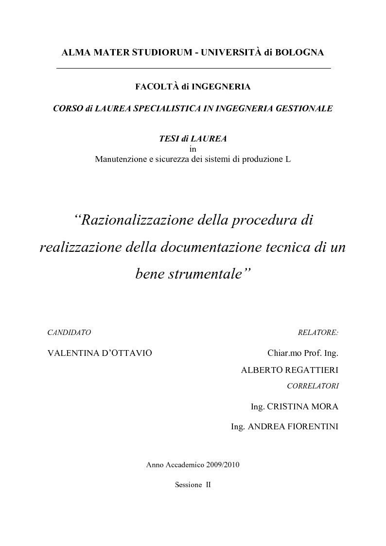 Anteprima della tesi: Razionalizzazione della procedura di realizzazione della documentazione tecnica di un bene strumentale., Pagina 1