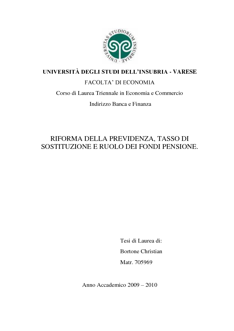 Anteprima della tesi: Riforma della previdenza, tasso di sostituzione e ruolo dei fondi pensione., Pagina 1